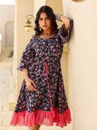 The Kaftan Company Kurta Sets Navy Floral Print Mini Dress with Pink Lace Trim