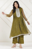 The Kaftan Company Kurta Sets Olive Green Tissue Silk Embroidered Coord Set
