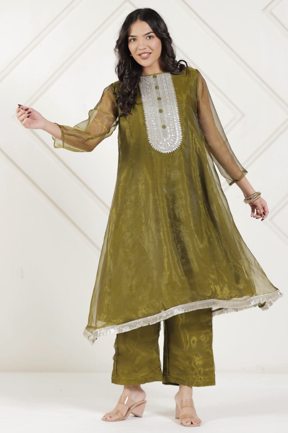 The Kaftan Company Kurta Sets Olive Green Tissue Silk Embroidered Coord Set