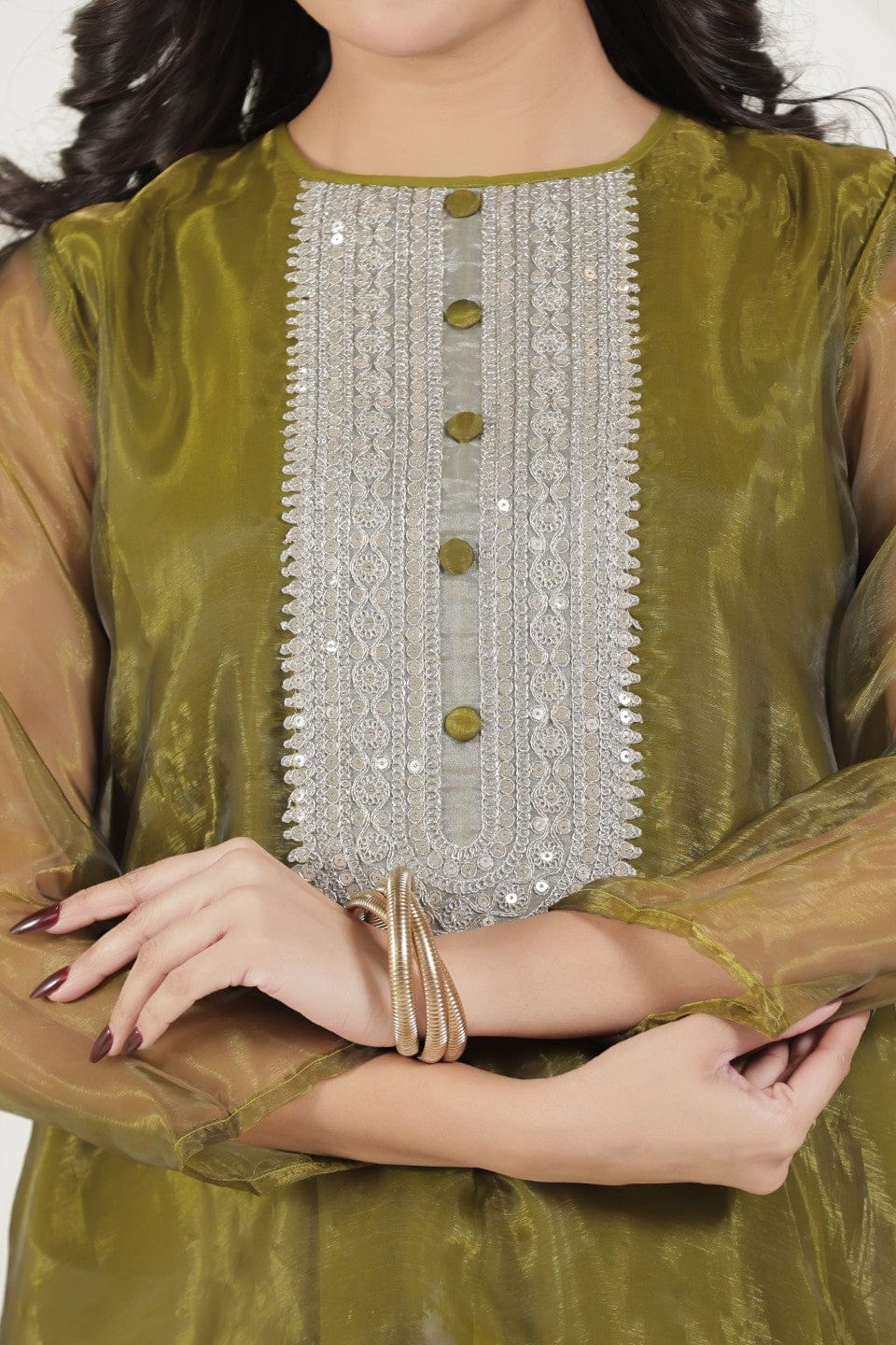 The Kaftan Company Kurta Sets Olive Green Tissue Silk Embroidered Coord Set