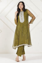 The Kaftan Company Kurta Sets Olive Green Tissue Silk Embroidered Coord Set
