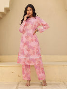 The Kaftan Company Kurta Sets Pink Abstract Print Cotton Kurta Set with Lace Trim
