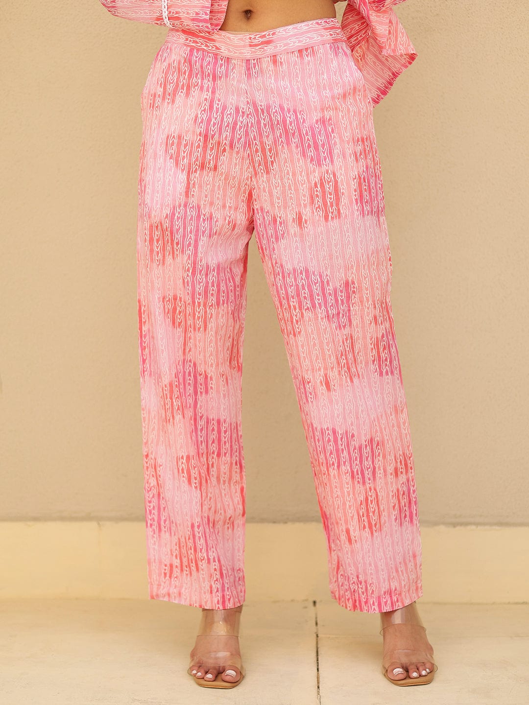 The Kaftan Company Kurta Sets Pink Abstract Print Cotton Kurta Set with Lace Trim