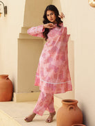 The Kaftan Company Kurta Sets Pink Abstract Print Cotton Kurta Set with Lace Trim