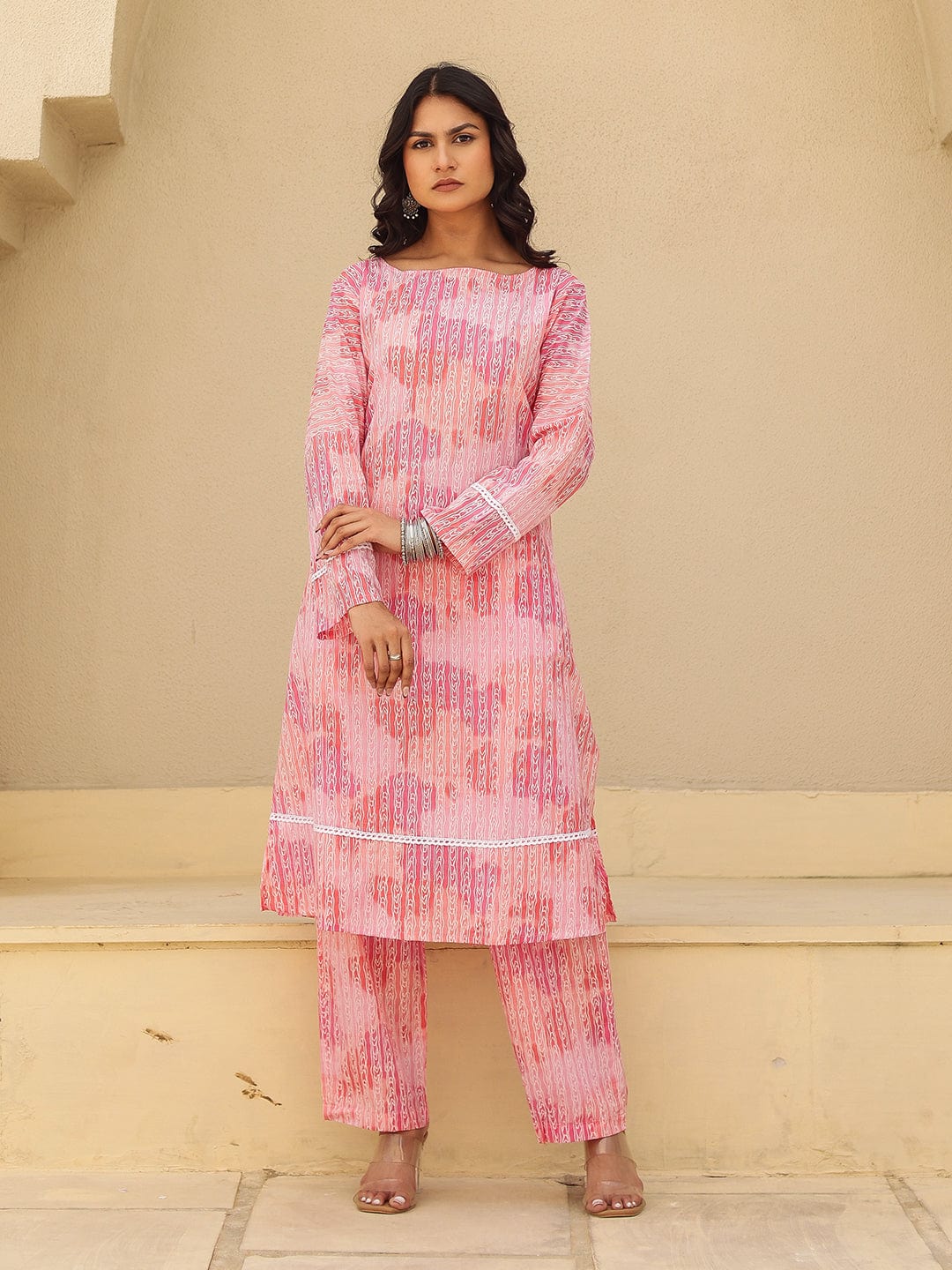 The Kaftan Company Kurta Sets Pink Abstract Print Cotton Kurta Set with Lace Trim
