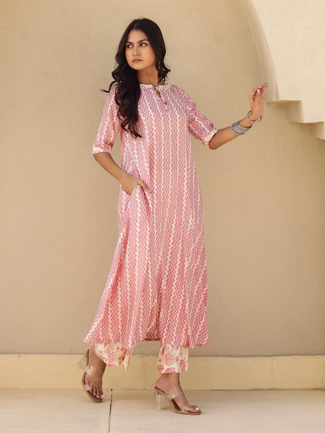 The Kaftan Company Kurta Sets Pink Chevron Print Viscose Kurta Set