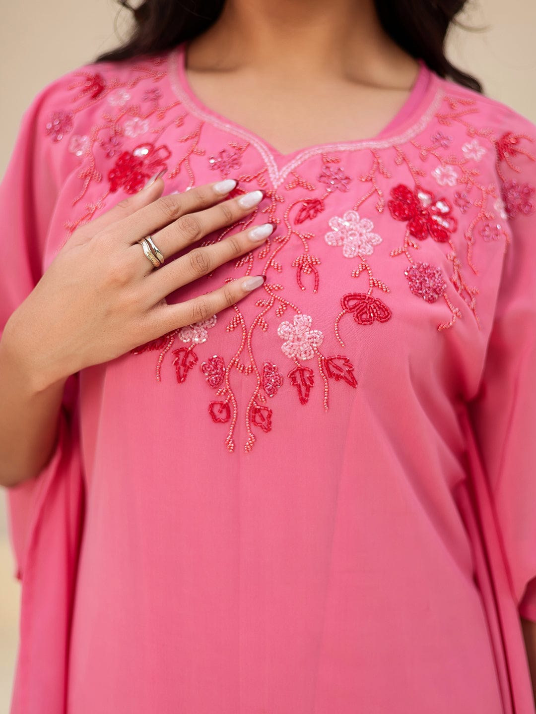 The Kaftan Company Kurta Sets Pink Hand Embroidered Georgette Kaftan Kurta Set