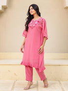 The Kaftan Company Kurta Sets Pink Hand Embroidered Georgette Kaftan Kurta Set