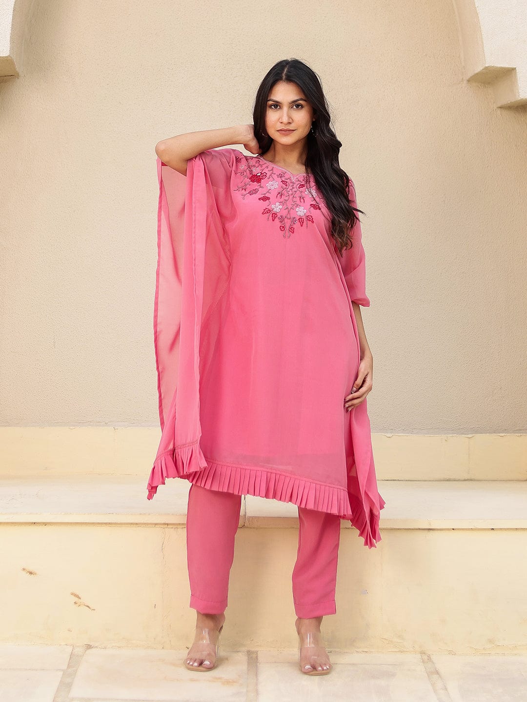 The Kaftan Company Kurta Sets Pink Hand Embroidered Georgette Kaftan Kurta Set