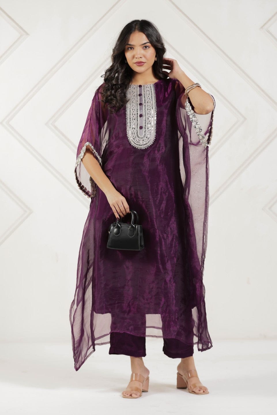 The Kaftan Company Kurta Sets Plum Purple Tissue Silk Kaftan Kurta Set