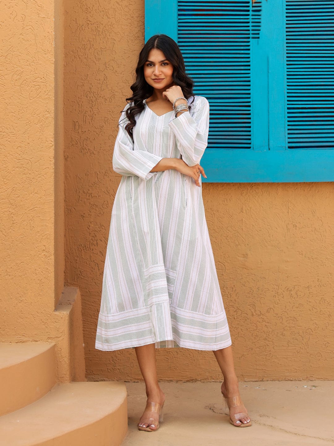 The Kaftan Company Kurta Sets White Striped Cotton Midi Dress