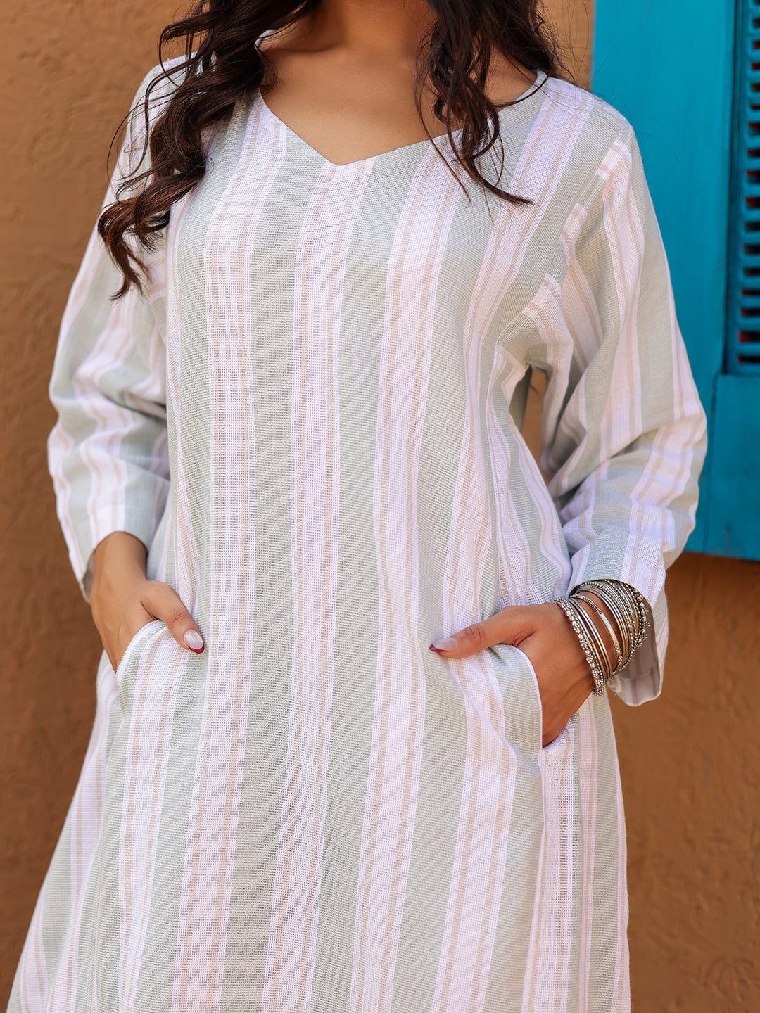 The Kaftan Company Kurta Sets White Striped Cotton Midi Dress