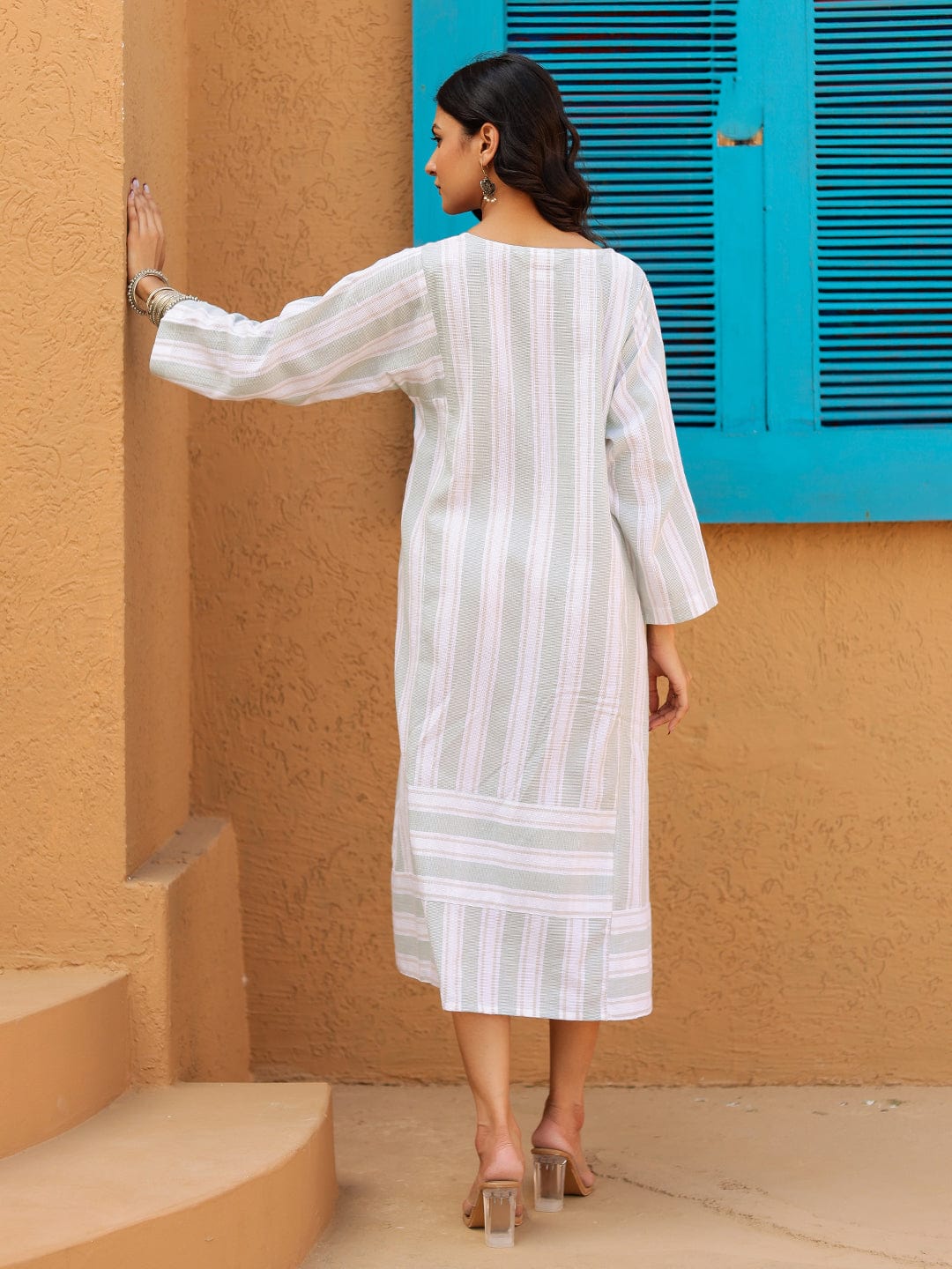 The Kaftan Company Kurta Sets White Striped Cotton Midi Dress
