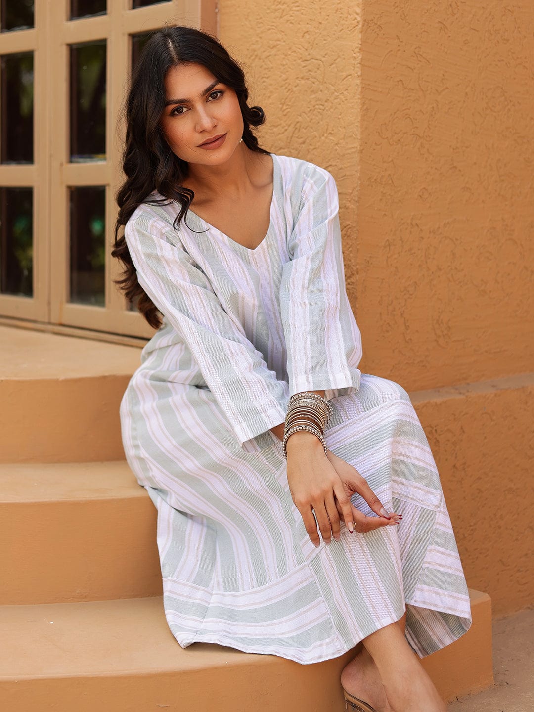 The Kaftan Company Kurta Sets White Striped Cotton Midi Dress