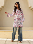The Kaftan Company Kurta White and Red Bird Print Cotton Tunic