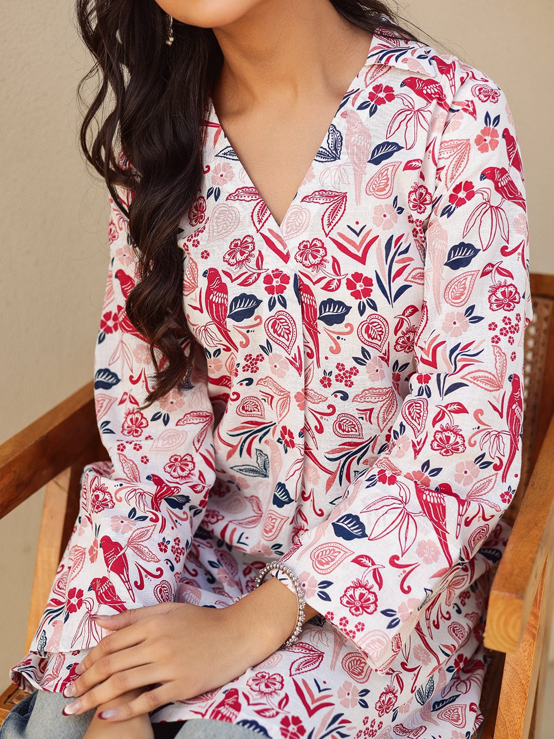The Kaftan Company Kurta White and Red Bird Print Cotton Tunic