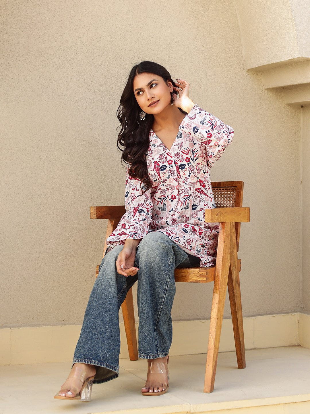 The Kaftan Company Kurta White and Red Bird Print Cotton Tunic