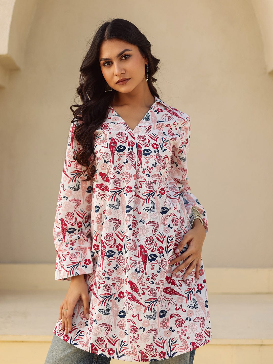 The Kaftan Company Kurta White and Red Bird Print Cotton Tunic