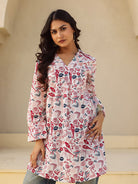 The Kaftan Company Kurta White and Red Bird Print Cotton Tunic