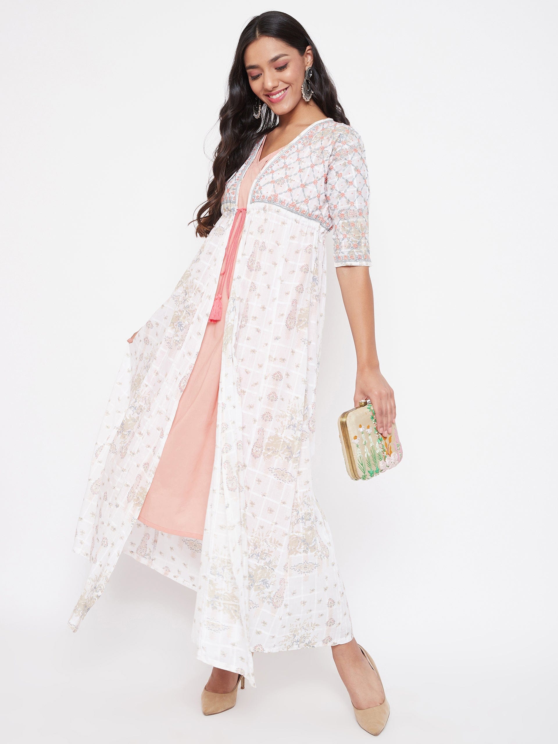 The Kaftan Company Kurta White Chikankari Hand Embroidered Cotton Shrug