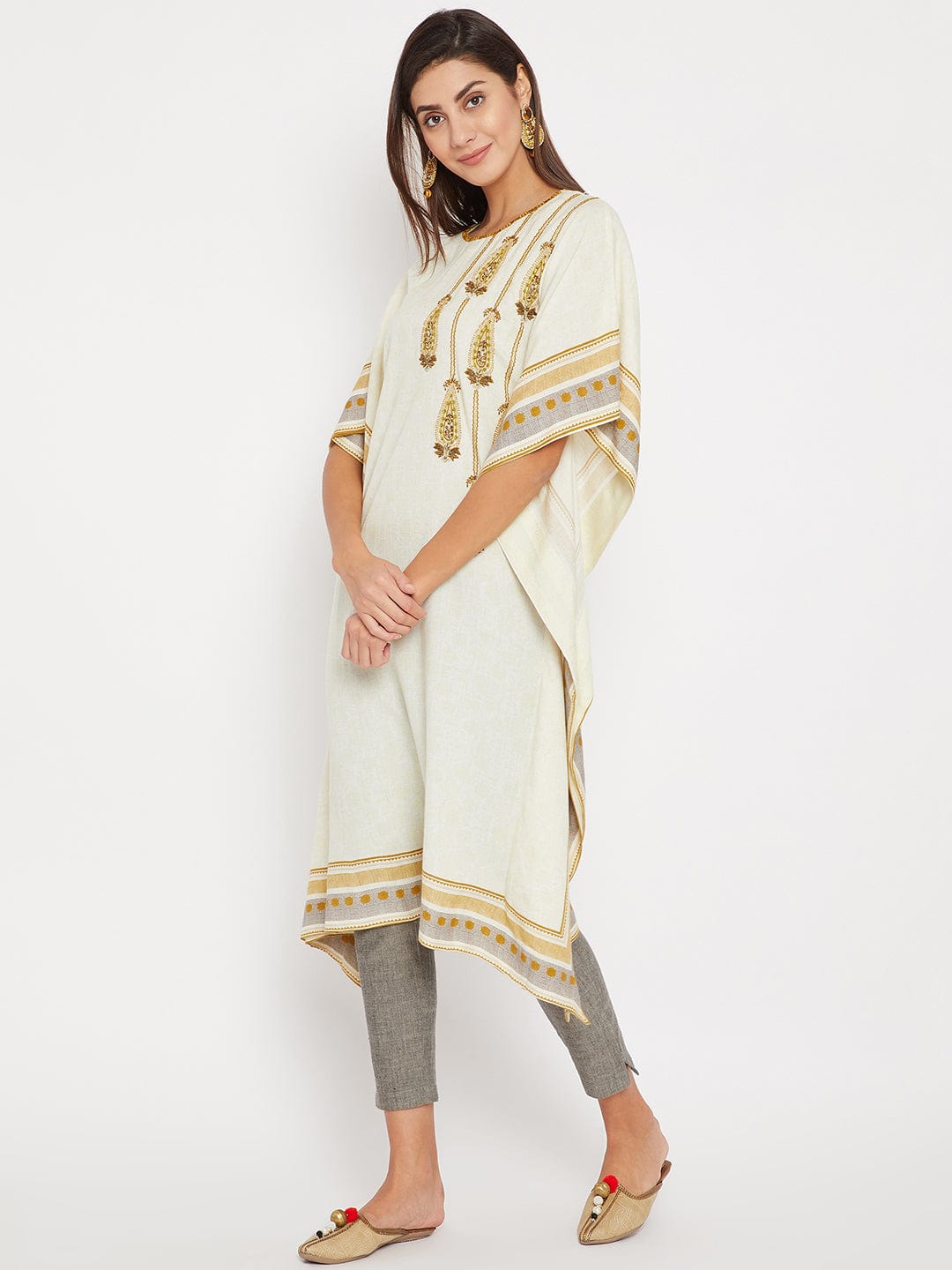 The Kaftan Company Kurta White Embroidered Daywear Kaftan Kurta