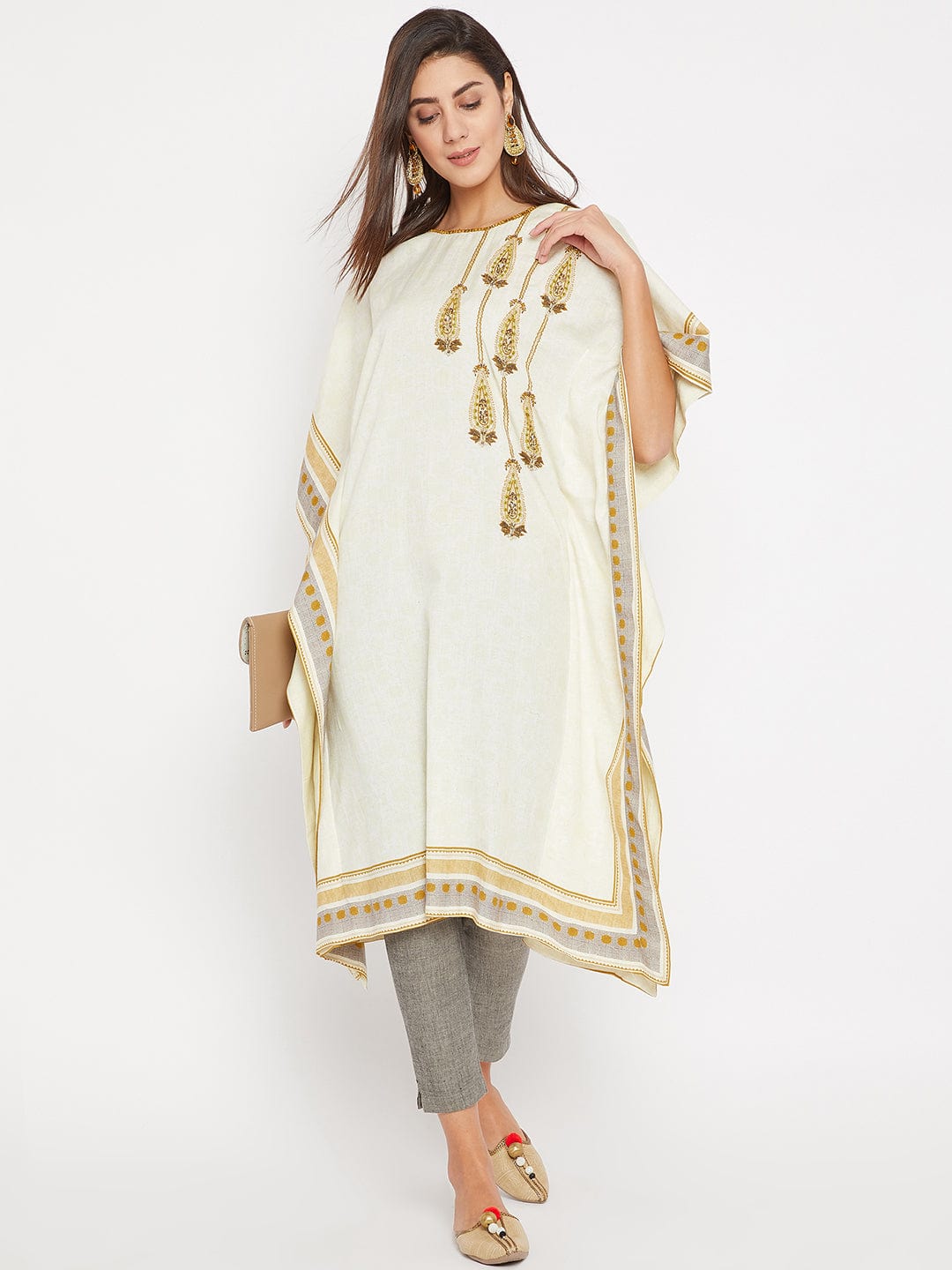 The Kaftan Company Kurta White Embroidered Daywear Kaftan Kurta