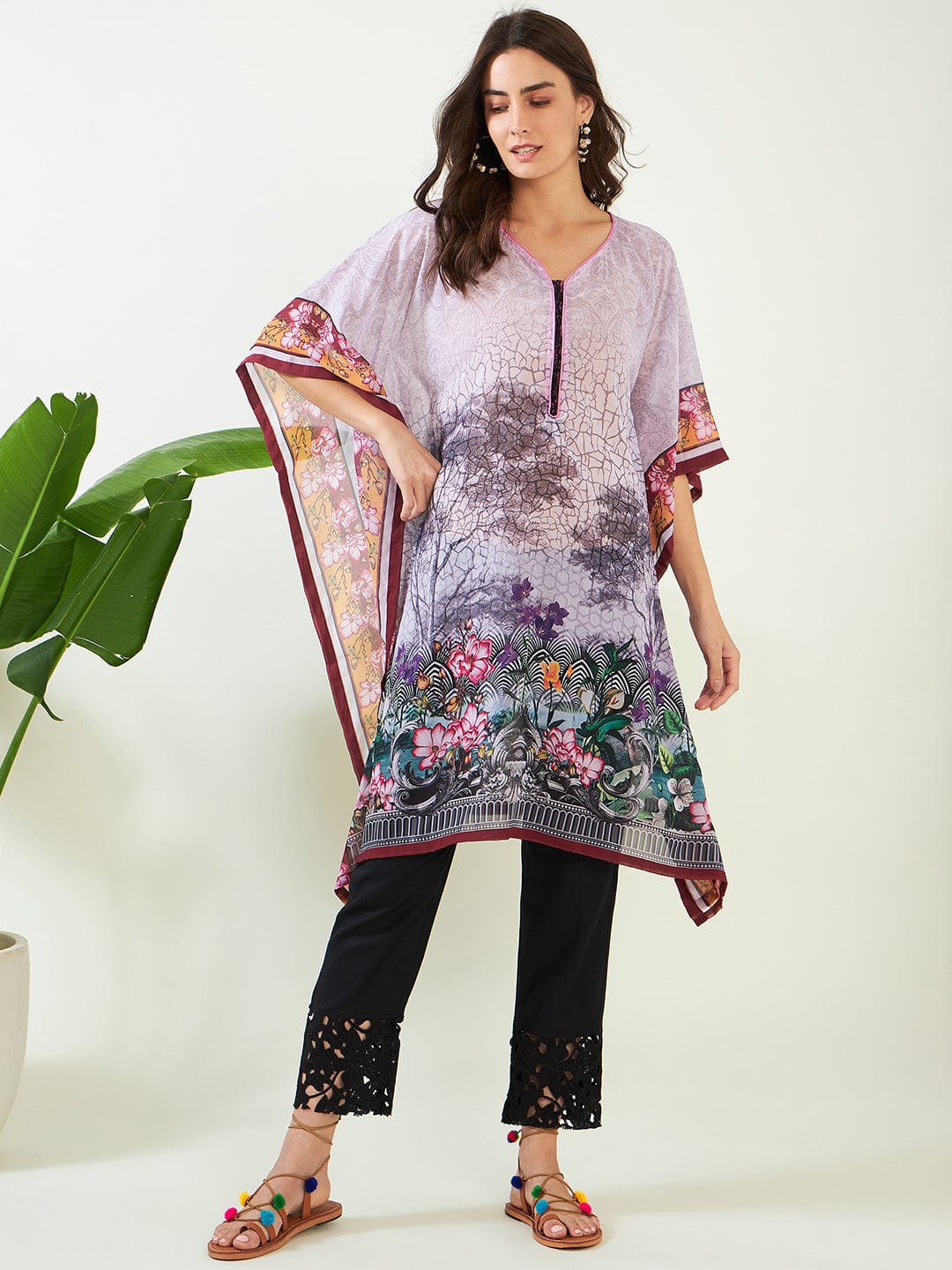 The Kaftan Company Kurta Winter White Whispering Petals Georgette Kaftan