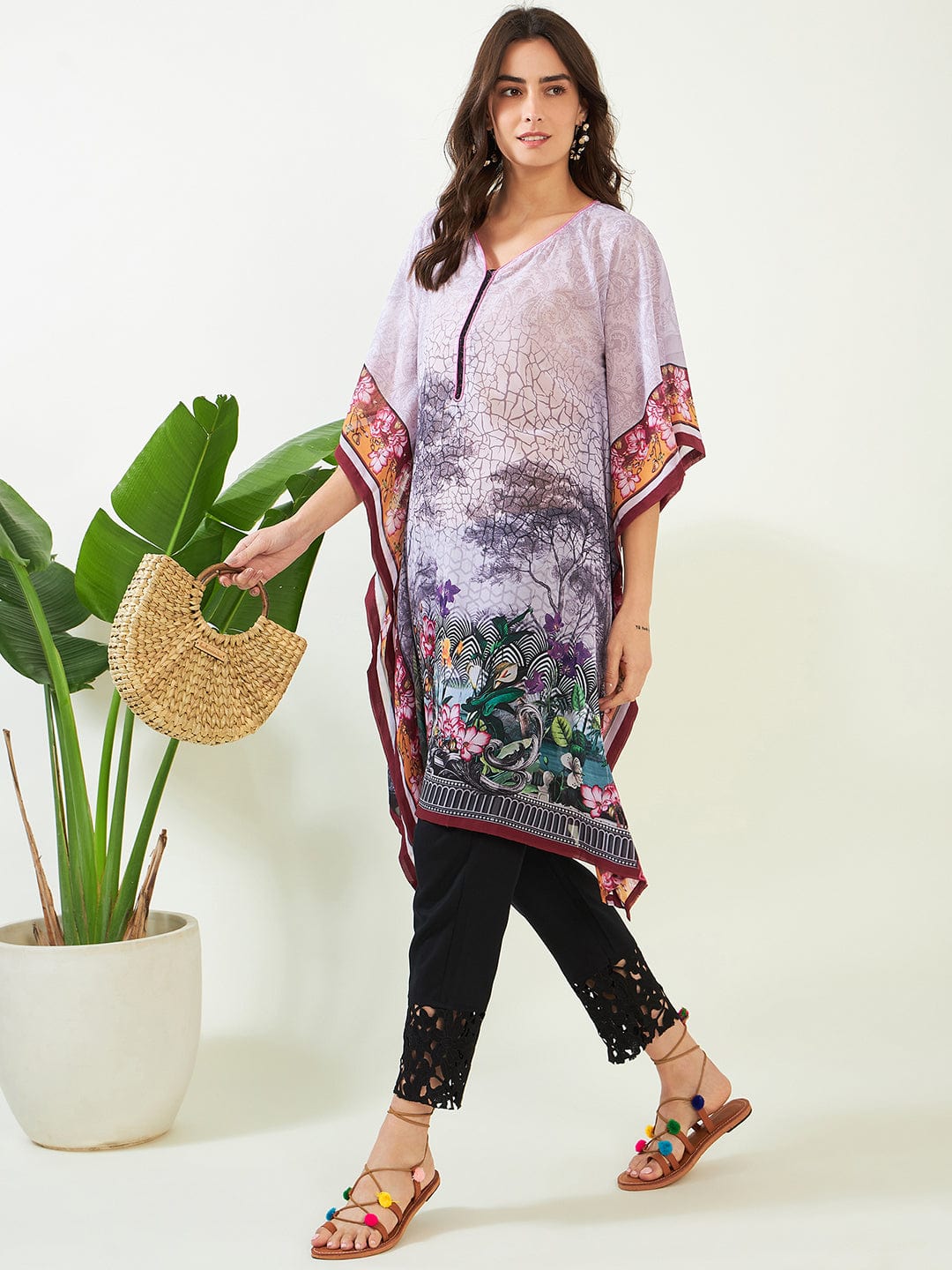 The Kaftan Company Kurta Winter White Whispering Petals Georgette Kaftan