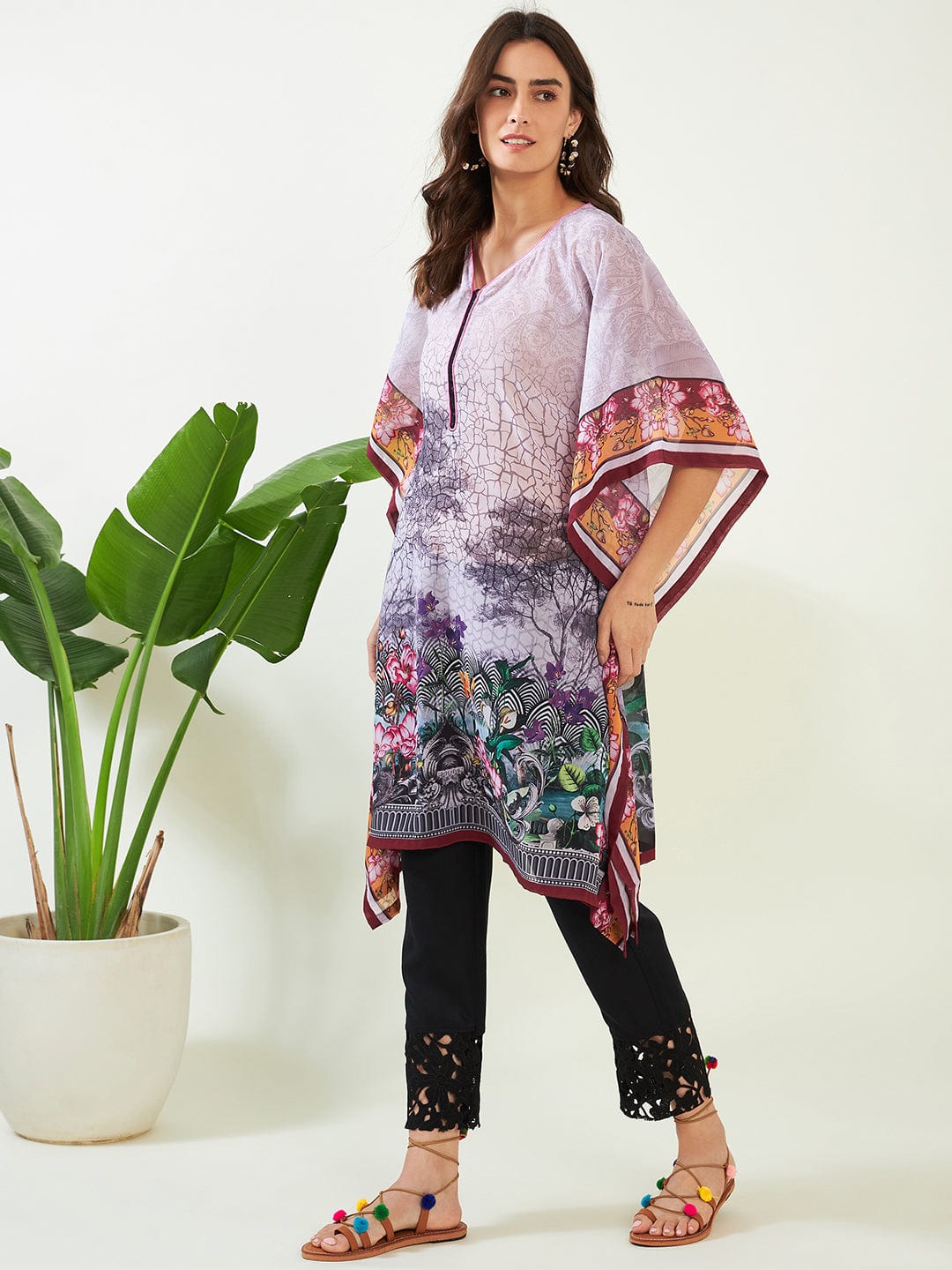 The Kaftan Company Kurta Winter White Whispering Petals Georgette Kaftan