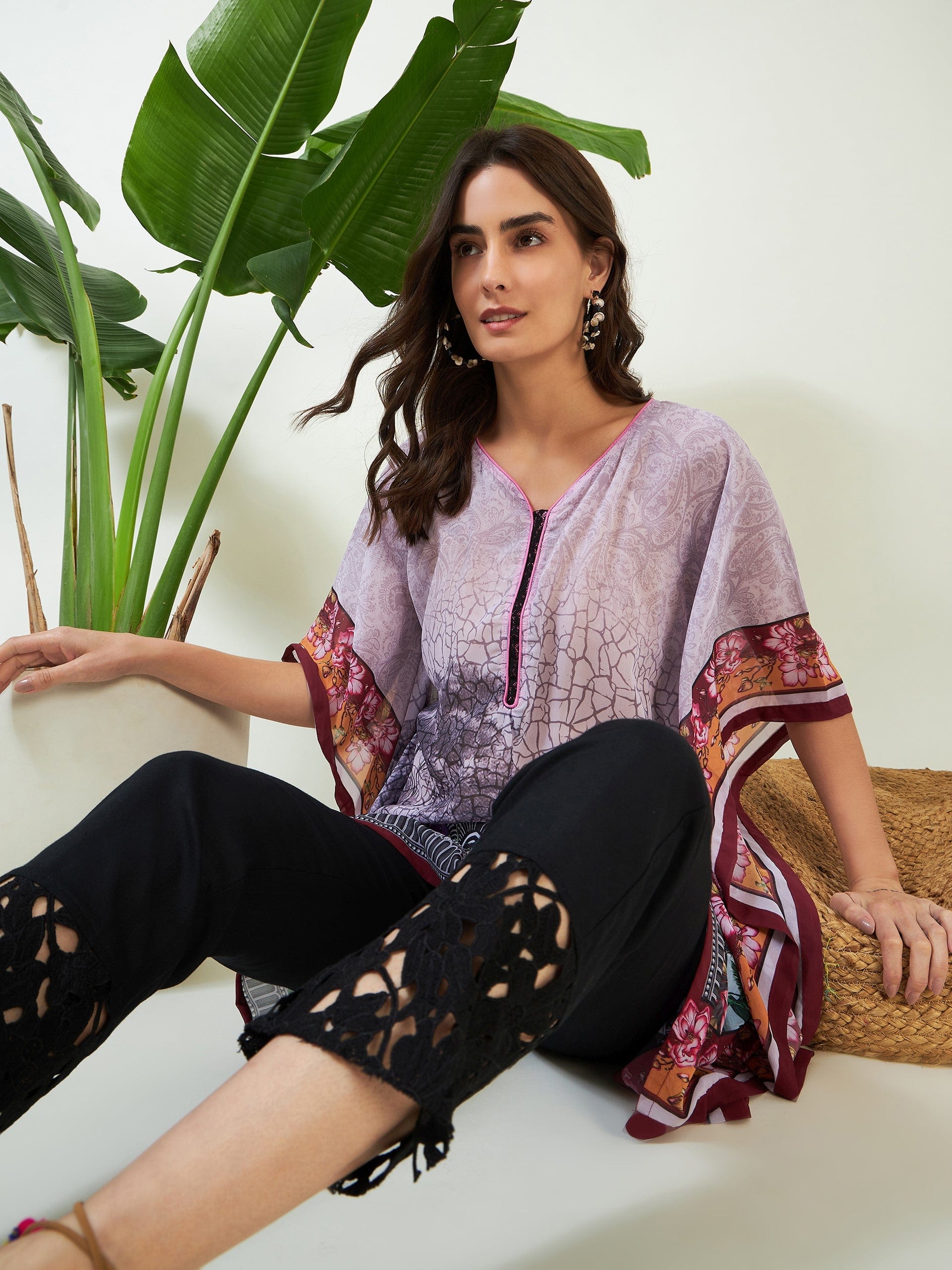 The Kaftan Company Kurta Winter White Whispering Petals Georgette Kaftan