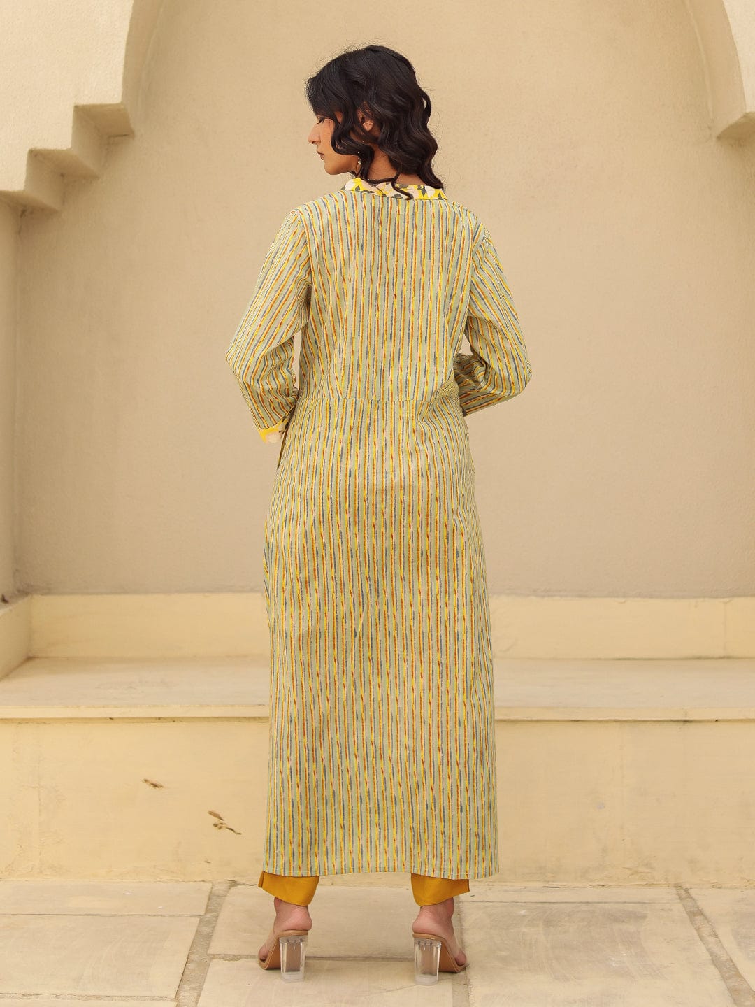 The Kaftan Company Kurta Yellow and Grey Striped Cotton Kurta with Contrast Print Collar