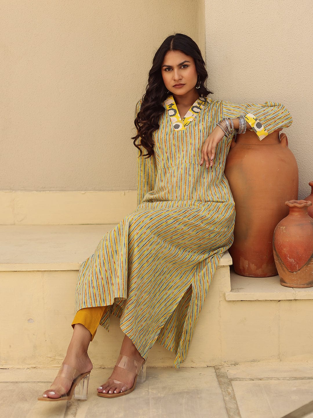 The Kaftan Company Kurta Yellow and Grey Striped Cotton Kurta with Contrast Print Collar