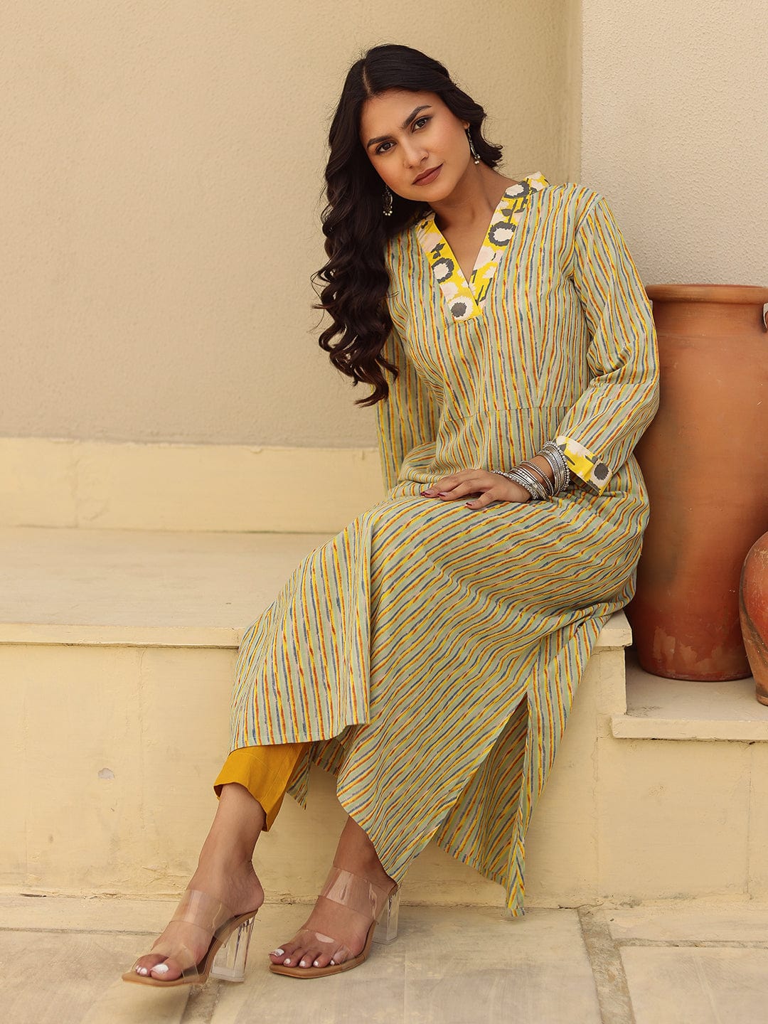 The Kaftan Company Kurta Yellow and Grey Striped Cotton Kurta with Contrast Print Collar