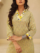 The Kaftan Company Kurta Yellow and Grey Striped Cotton Kurta with Contrast Print Collar