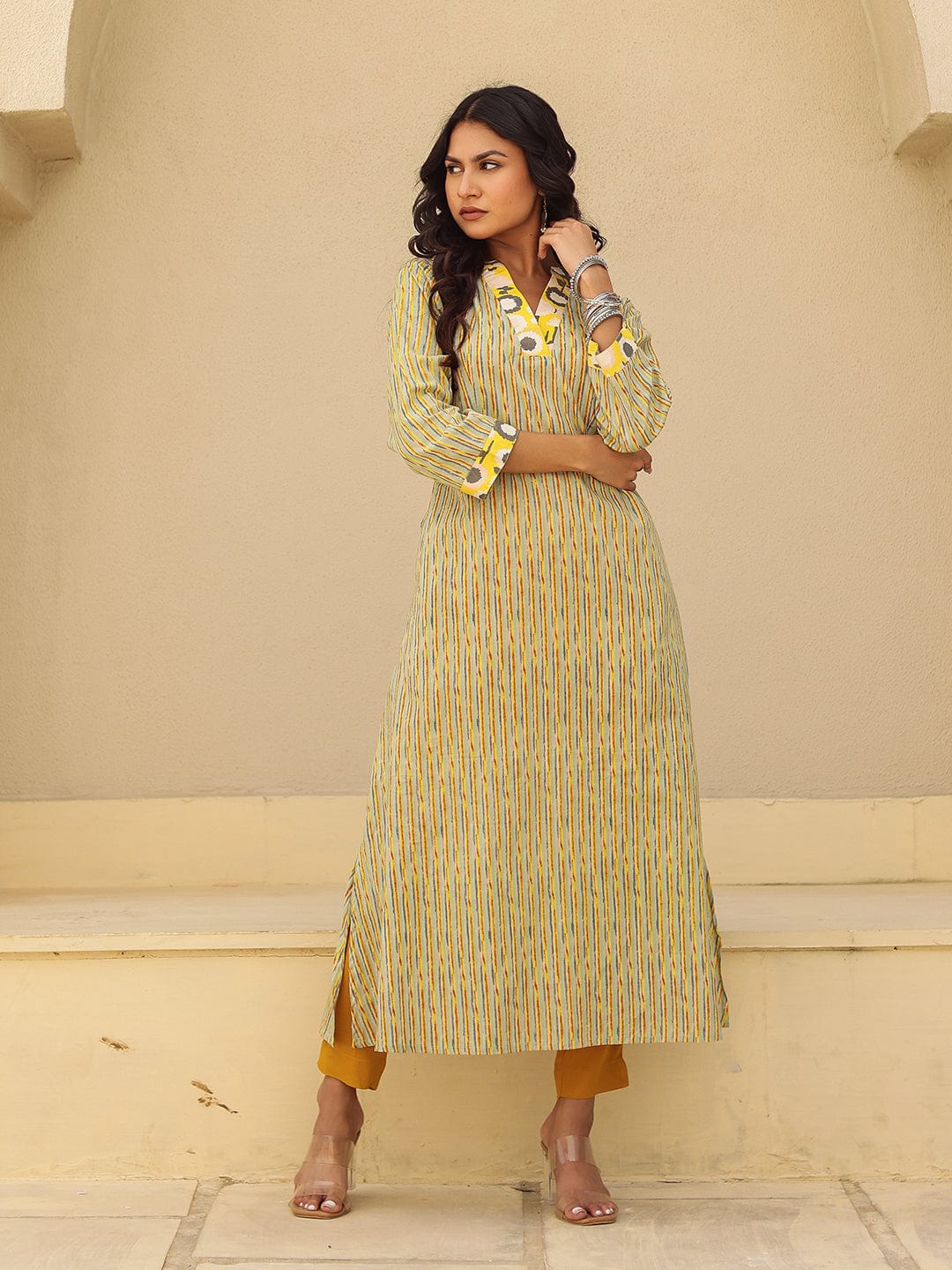 The Kaftan Company Kurta Yellow and Grey Striped Cotton Kurta with Contrast Print Collar