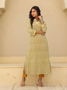 The Kaftan Company Kurta Yellow and Grey Striped Cotton Kurta with Contrast Print Collar