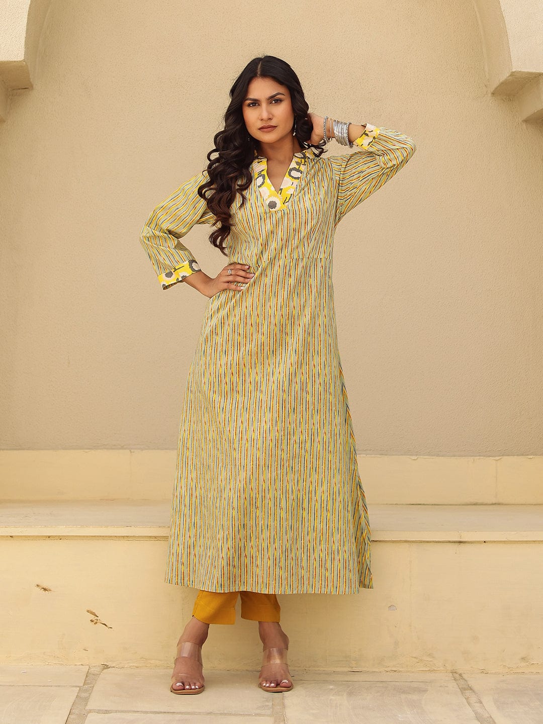The Kaftan Company Kurta Yellow and Grey Striped Cotton Kurta with Contrast Print Collar