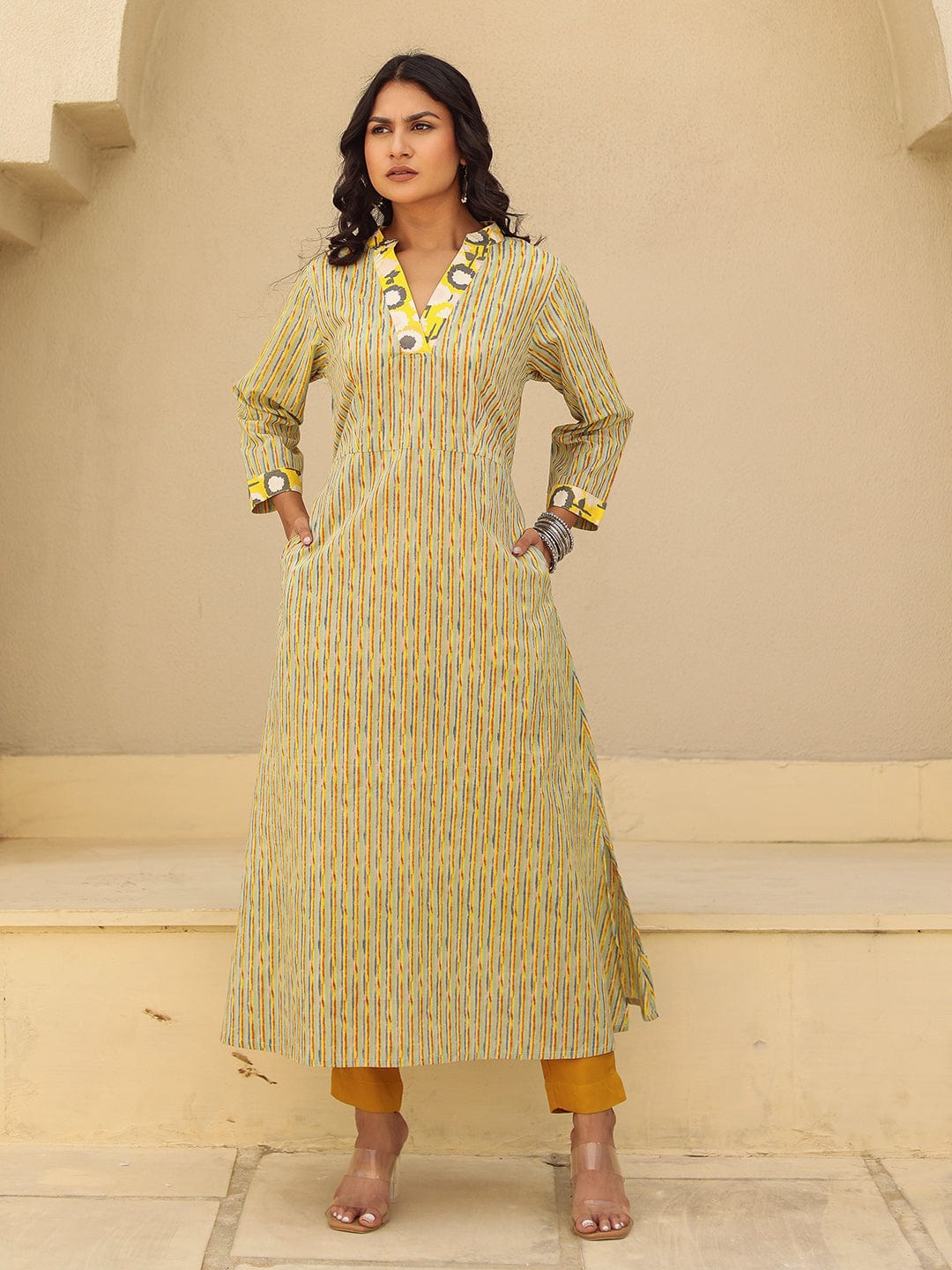 The Kaftan Company Kurta Yellow and Grey Striped Cotton Kurta with Contrast Print Collar