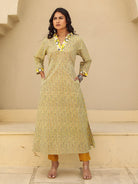 The Kaftan Company Kurta Yellow and Grey Striped Cotton Kurta with Contrast Print Collar