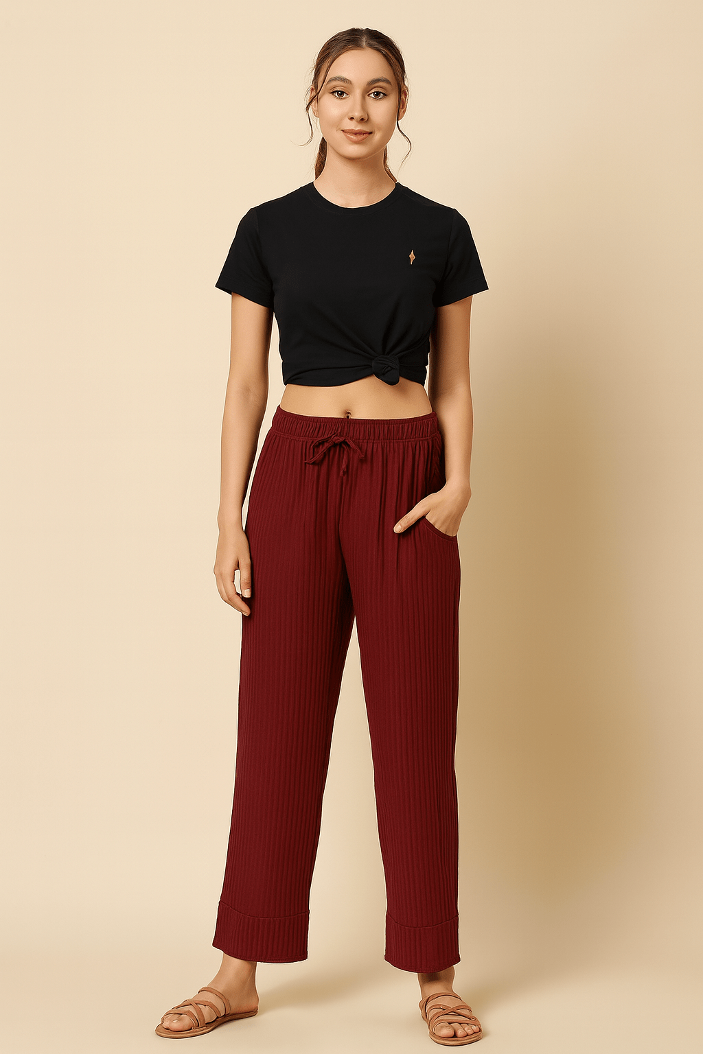 The Kaftan Company Lounge Set Maroon Ribbed Lounge Pants with Black Cotton T-Shirt Set