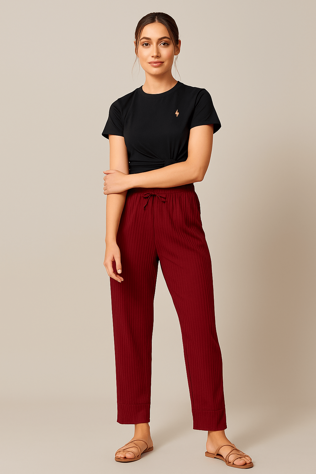 Maroon Ribbed Lounge Pants with Black Cotton T-Shirt Set S