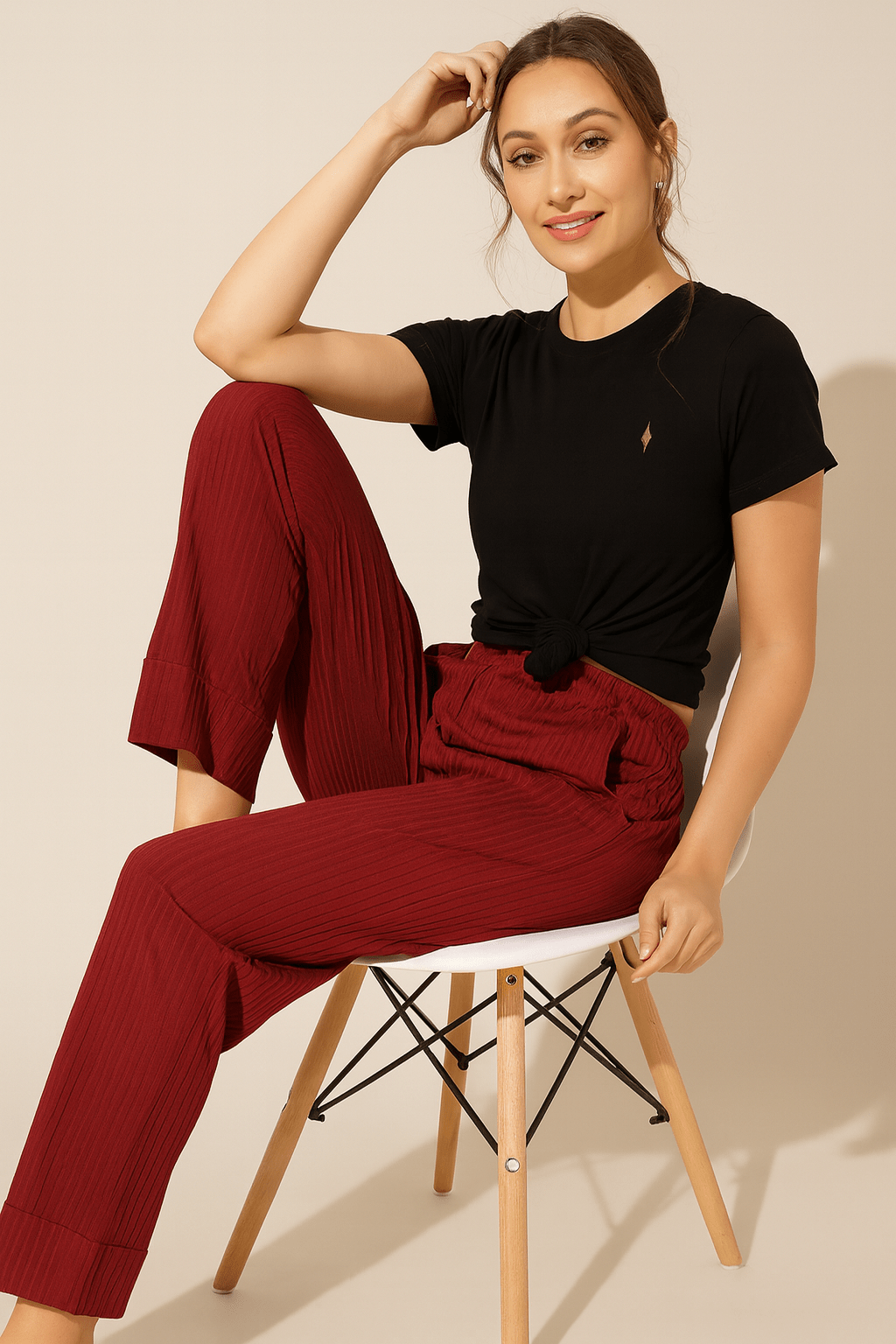 The Kaftan Company Lounge Set Maroon Ribbed Lounge Pants with Black Cotton T-Shirt Set