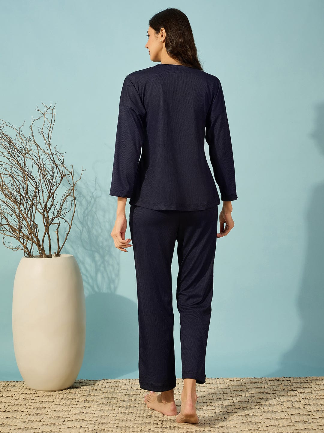 The Kaftan Company Lounge Set Navy Blue Ribbed Lounge Set with Pockets