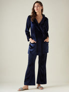 The Kaftan Company Lounge Set Navy Blue Velvet Wrap Lounge Set with Ruffle Detail