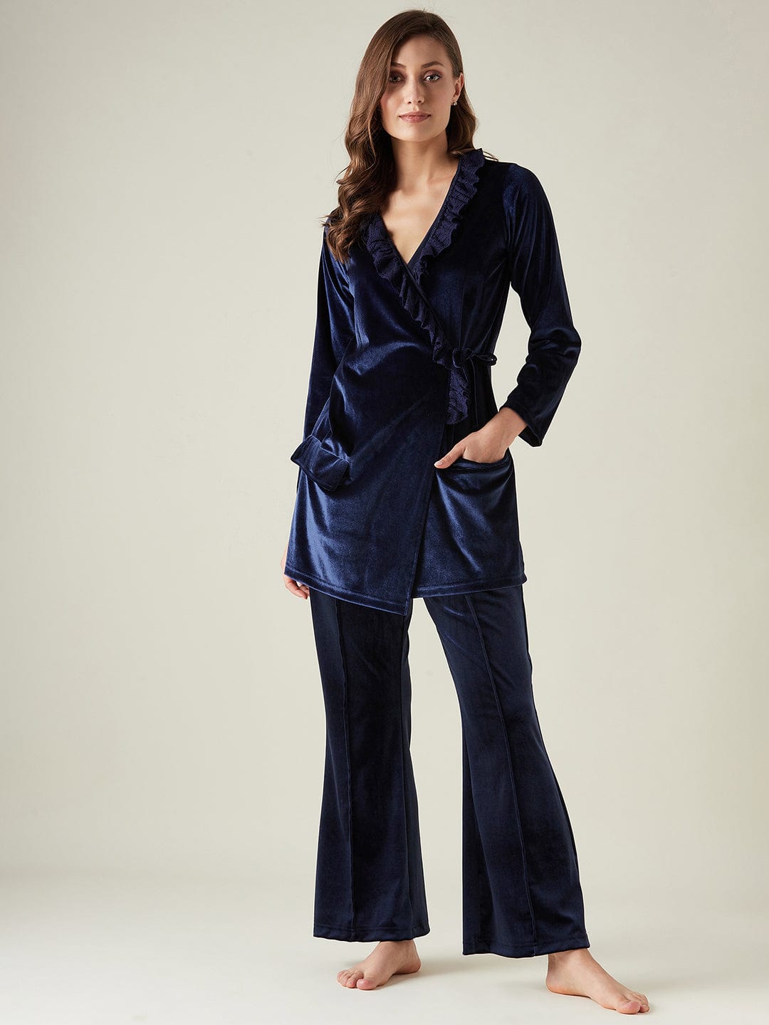 The Kaftan Company Lounge Set Navy Blue Velvet Wrap Lounge Set with Ruffle Detail