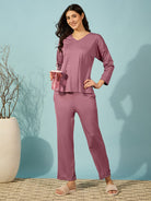The Kaftan Company Lounge Set Purple Ribbed Lounge Set with Relaxed Fit