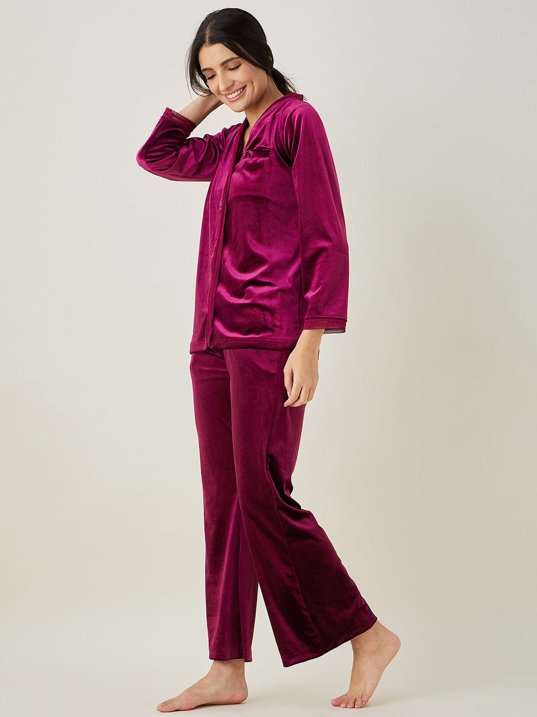 The Kaftan Company Lounge Set Wine Velvet Lounge Set with Button-Down Shirt