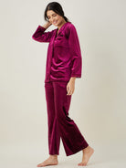 The Kaftan Company Lounge Set Wine Velvet Lounge Set with Button-Down Shirt