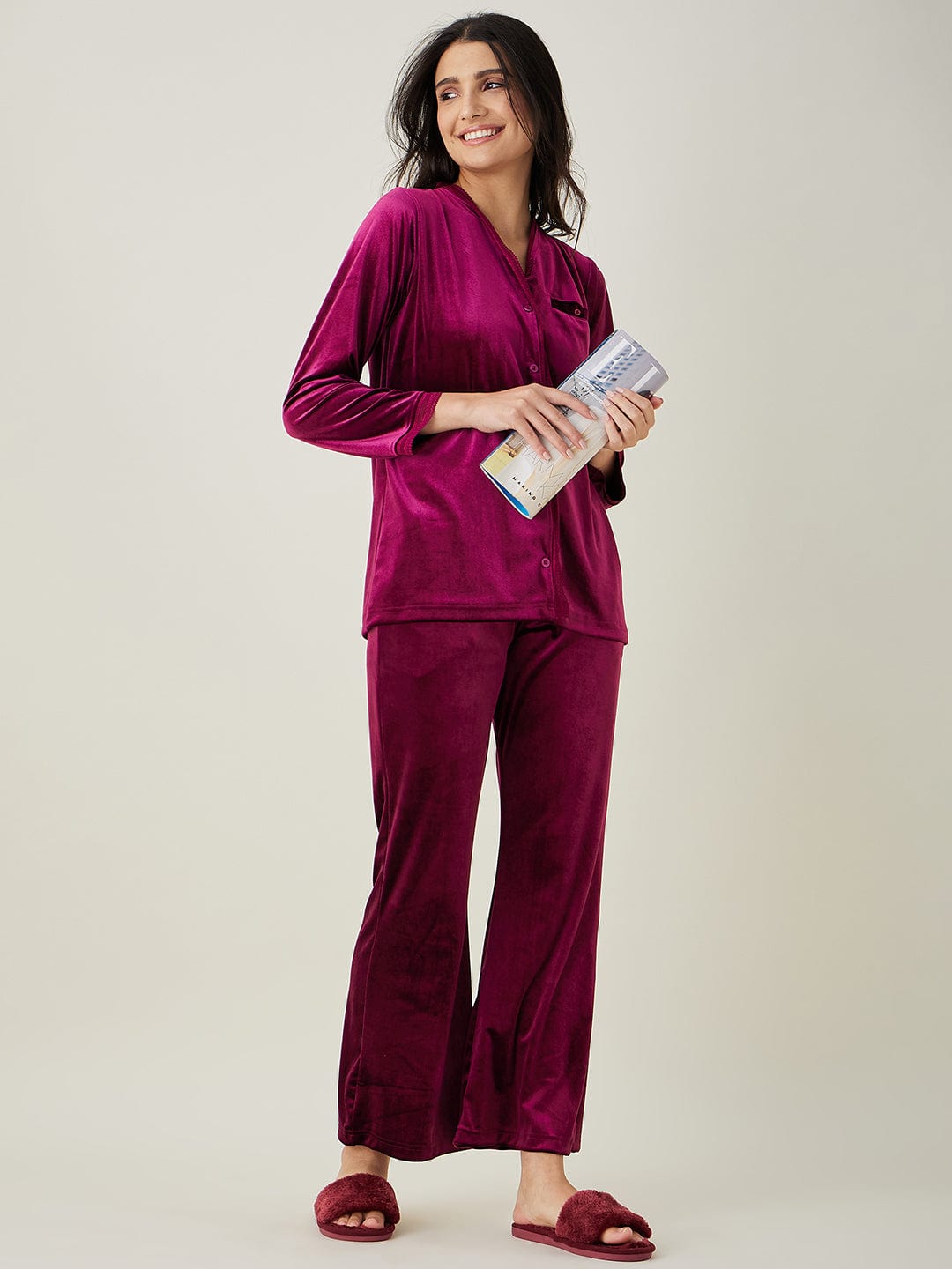 The Kaftan Company Lounge Set Wine Velvet Lounge Set with Button-Down Shirt