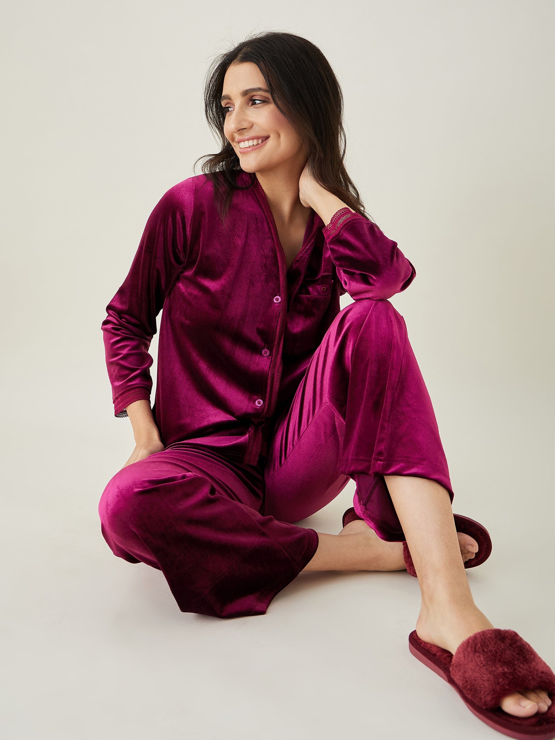 The Kaftan Company Lounge Set Wine Velvet Lounge Set with Button-Down Shirt